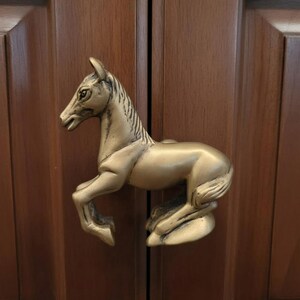 May include: A bronze-coloured horse-shaped cabinet pull. The horse is sculpted in a rearing pose, with detailed mane and body. The pull is mounted on a dark brown wooden cabinet door, adding a touch of equestrian elegance to the furniture.