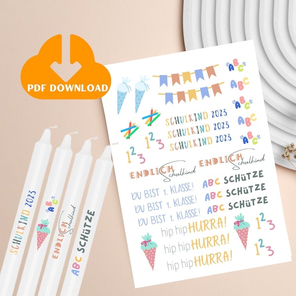 Kerzentattoos Endlich Schulkind, Einschulung, Kerzensticker, PDF, Sofort Download