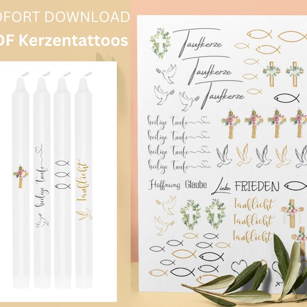 Kerzentattoos Taufe, Kerzensticker, PDF, Sofort Download