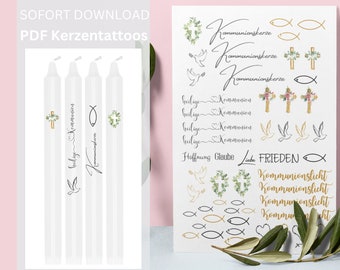 Kerzentattoos Communion、Kerzensticker、PDF、Sofort ダウンロード