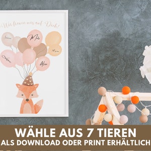 Babyparty, Gästebild zum Beschriften, Gastgeschenk, Taufe, Reh, Fuchs, Elefant, Panda