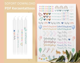 Kerzentattoos Geburtstag, Kerzensticker, PDF, Sofort Download