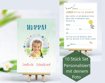 10 Stück Set Einladungen zur Einschulung mit Foto, Endlich Schulkind, mit Namen, Einschulungsfeier, Einladung, Personalisiert