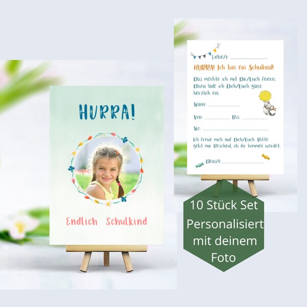 10 Stück Set Einladungen zur Einschulung mit Foto, Endlich Schulkind, Einschulungsfeier, personalisiert