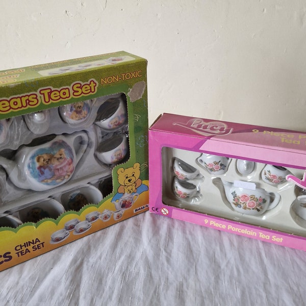 Vintage Boxed 2 x Children's Toy Ceramic Tea Sets Teddy Bear Lucy Teapot Cups Saucers