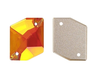May include: Two faceted, rectangular crystals with a metallic backing. One crystal is a vibrant orange with yellow highlights and two holes. The other is a metallic silver color with two holes. These crystals are suitable for embellishments.