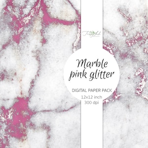 May include: Digital paper pack with a marble pattern in pink and white with glitter. The pack is 12x12 inches and 300 dpi.