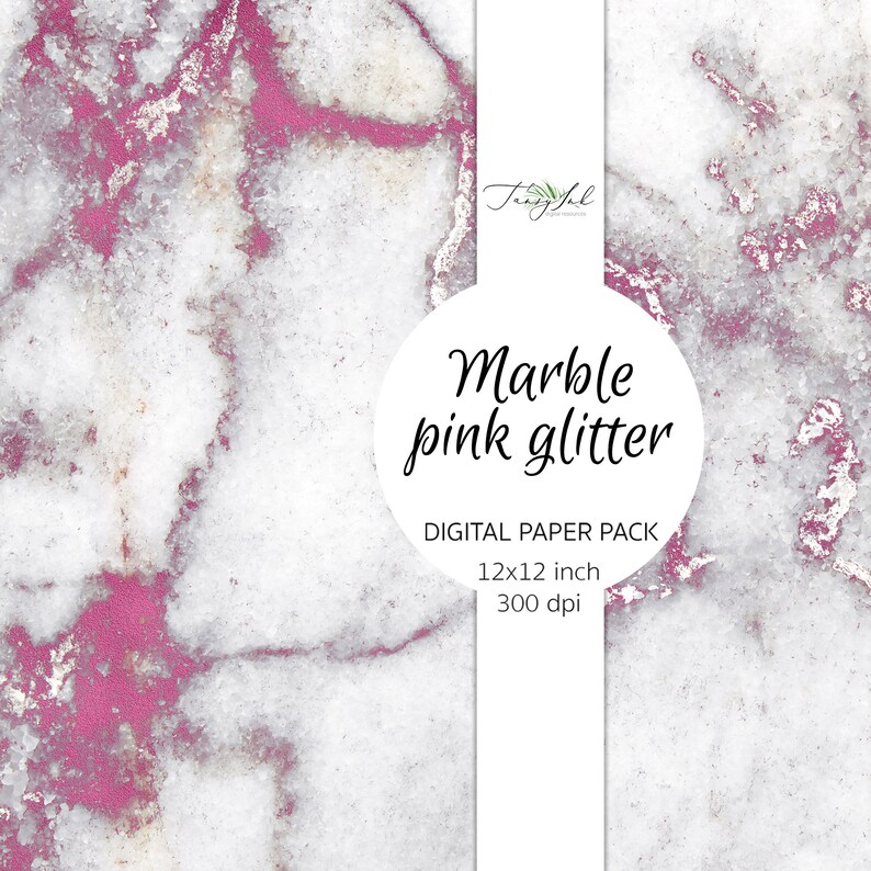 May include: Digital paper pack with a marble pattern in pink and white with glitter. The pack is 12x12 inches and 300 dpi.