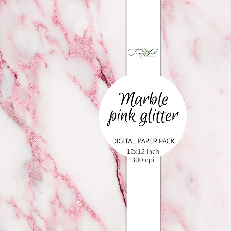 May include: Digital paper pack with a pink marble texture and glitter. The pack includes 12x12 inch images at 300 dpi.