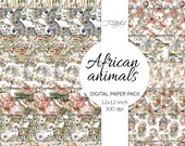 African animals digital paper, seamless paper, safari animals, savanna animals, lion paper, zebra paper, elephant paper, exotic background,