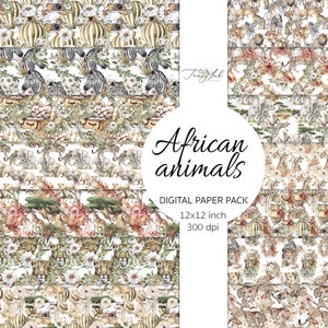 African animals digital paper, seamless paper, safari animals, savanna animals, lion paper, zebra paper, elephant paper, exotic background,