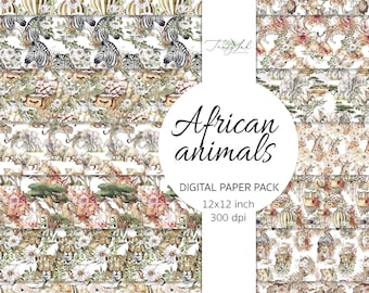 African animals digital paper, seamless paper, safari animals, savanna animals, lion paper, zebra paper, elephant paper, exotic background,