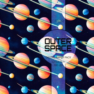May include: A digital paper pack with a space theme. The pattern features colorful planets with rings on a dark blue background with white stars. The text "OUTER SPACE" is in the center of the image. The text "DIGITAL PAPER PACK 12x12 inch 300 dpi" is below the text "OUTER SPACE".