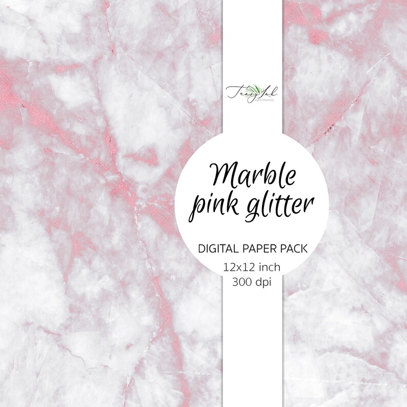 May include: Digital paper pack with a pink marble pattern and glitter. The pack includes 12x12 inch papers at 300 dpi.