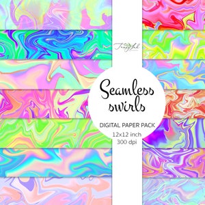 Könnte beinhalten: Ein digitales Papierpaket mit nahtlosen Wirbeln in leuchtenden Farben. Das Design zeigt einen Marmoreffekt mit rosa, blauen, grünen und violetten Farbtönen. Der Text lautet "Seamless swirls" und "Digital paper pack 12x12 inch 300 dpi."