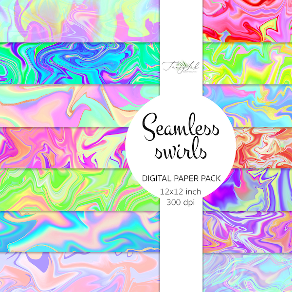 Seamless swirls digital paper, mermaid paper, holographic background, scrapbooking paper, marbling pattern, abstract backdrop, retro poster