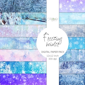 Freezing winter digital paper, winter fantasy, white Christmas, frost paper, blue winter background, snow backdrop, snowflakes paper, frozen