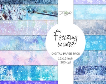 Freezing winter digital paper, winter fantasy, white Christmas, frost paper, blue winter background, snow backdrop, snowflakes paper, frozen