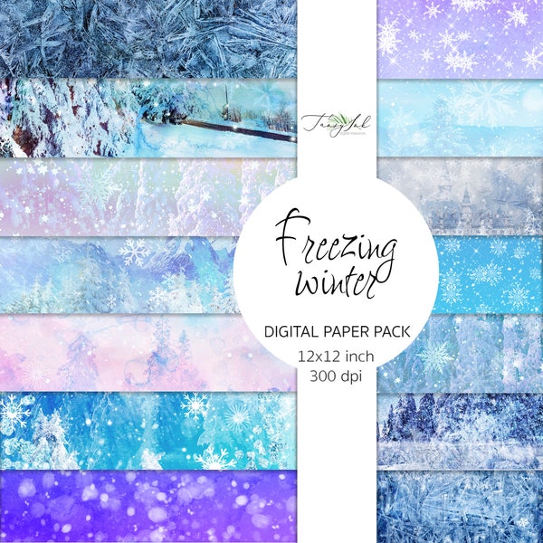 Freezing winter digital paper, winter fantasy, white Christmas, frost paper, blue winter background, snow backdrop, snowflakes paper, frozen