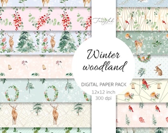 May include: A digital paper pack containing 12 winter woodland themed patterns. The patterns feature deer, cardinals, wreaths, snowflakes, and geometric designs in shades of green, red, white, and gold. The pack is 12x12 inches and 300 dpi.