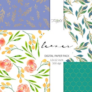 May include: Digital paper pack featuring various floral and leaf patterns. Designs include gold leaves on a lavender background, watercolor leaves, orange flowers, and a teal honeycomb pattern. The text "leaves" and "Digital Paper Pack 12x12 inch 300 dpi" are also visible.