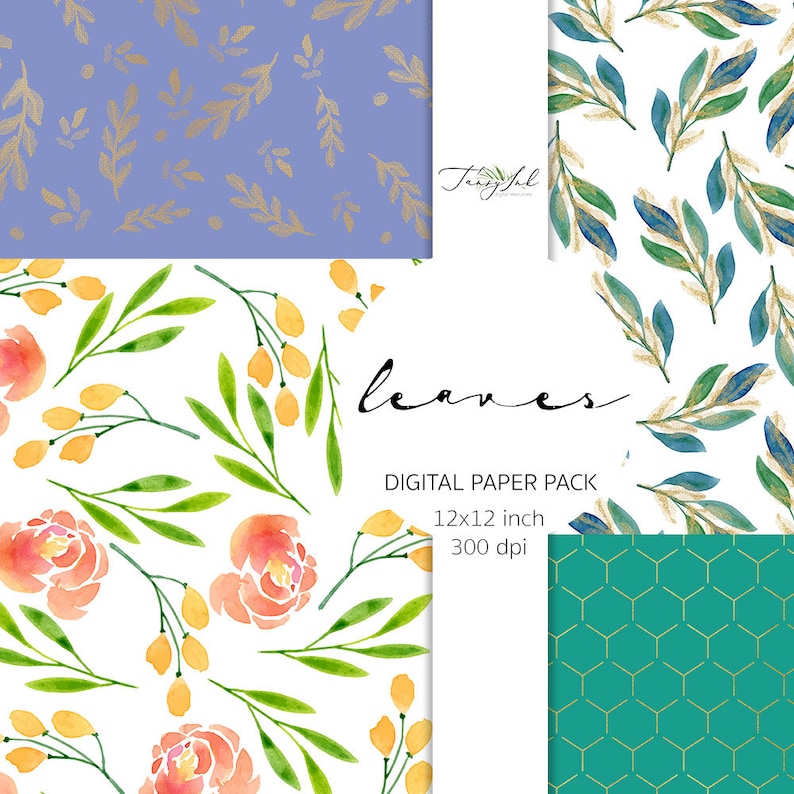 May include: Digital paper pack featuring various floral and leaf patterns. Designs include gold leaves on a lavender background, watercolor leaves, orange flowers, and a teal honeycomb pattern. The text "leaves" and "Digital Paper Pack 12x12 inch 300 dpi" are also visible.