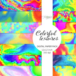 May include: A digital paper pack with 12 colorful textures. Each texture is 12x12 inches and 300 dpi. The textures are made up of small, colorful squares that create a stained glass effect.