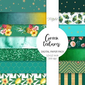 Green texture digital paper, green watercolor paper, tropical flowers pattern, green glitter, summer paper, gold pattern, scrapbooking paper
