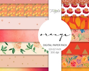 Papel digital naranja, papel acuarela naranja, patrón de flores naranjas, brillo naranja, papel de verano, puntos de oro, papel de scrapbooking, gradiente