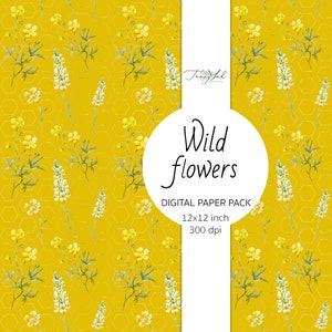 May include: Digital paper pack with a yellow background and a pattern of white and yellow flowers. The text "Wild flowers" is in a white circle with the text "Digital Paper Pack 12x12 inch 300 dpi" below it.
