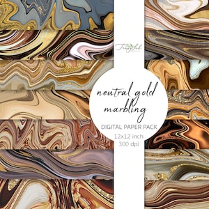 Papel digital de marmorização de ouro neutro, papel de mármore marrom, papel para scrapbooking, padrão de redemoinho neutro, fundo abstrato, veios de ouro