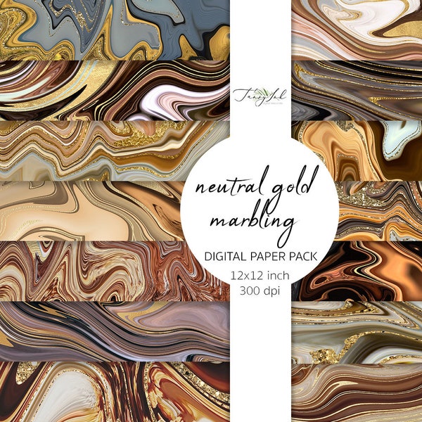 Neutral gold marbling digital paper, brown marble paper, scrapbooking paper, neutral swirl pattern, abstract background, gold veins