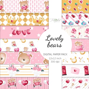 Liebesbären Digitales Papier, Nahtlos Papier, Valentinstag, Bären Papier, Liebe Muster, Krone Tapete, romantische Tapete, Valentinstag Karte