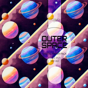 May include: A seamless pattern featuring watercolor planets in shades of blue, pink, and yellow against a dark purple background. The planets have rings and are surrounded by small white stars. The text "OUTER SPACE" is written in a white circle with a white border. The text "DIGITAL PAPER PACK" is written below the circle. The text "12x12 inch" and "300 dpi" are written below the text "DIGITAL PAPER PACK".