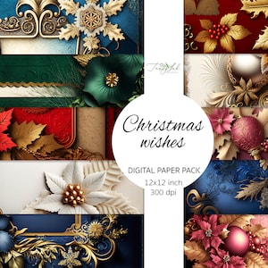 Deseos de Navidad papel digital, tarjetas de marcos de lujo dorados, álbum de recortes de Navidad, tarjeta de Navidad imprimible, descarga instantánea, arte digital