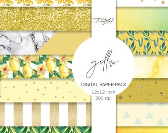 Papier numérique jaune, feuilles d’aquarelle, papier aquarelle jaune, motif citron, paillettes d’or, papier d’été, rayures d’or, stbook points,