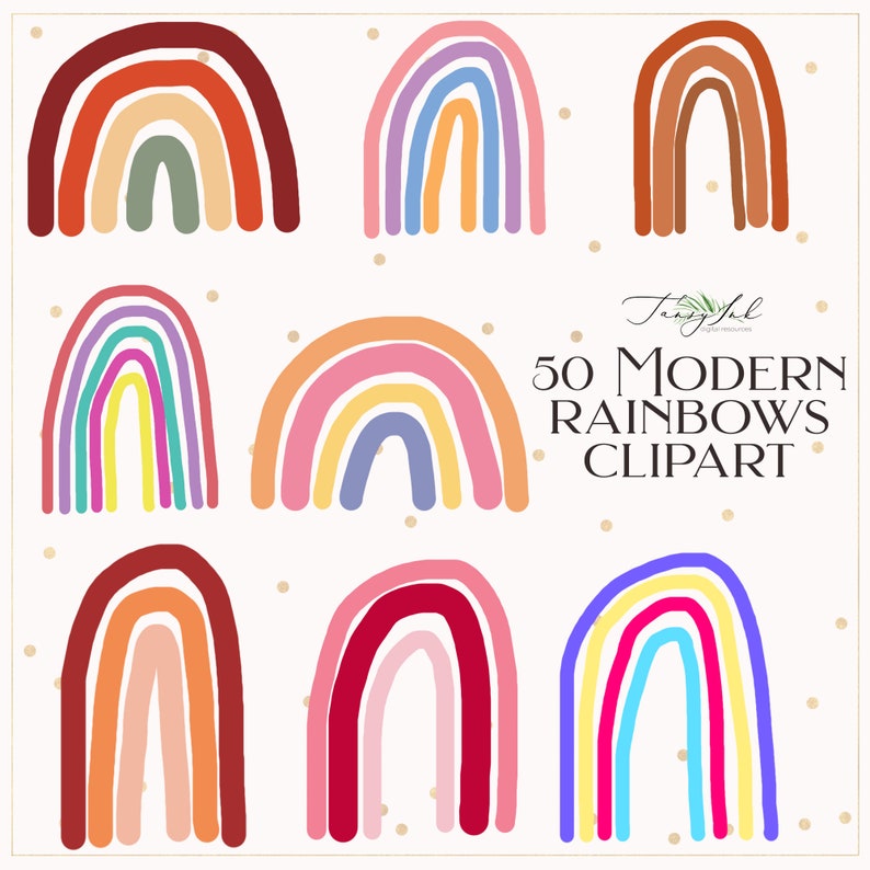 May include: Set of nine colourful rainbow illustrations with a modern, abstract style. The rainbows are in various colours, including red, orange, yellow, green, blue, purple, pink, and brown. The rainbows are arranged in a grid pattern on a white background with small gold dots.