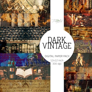 Op de afbeelding: Een digitaal papierpakket met een donker vintage thema. Het pakket bevat afbeeldingen van 30,5 x 30,5 cm met een resolutie van 300 dpi. De afbeeldingen tonen een verscheidenheid aan donkere en sfeervolle ontwerpen, waaronder boeken, kaarsen en open haarden.