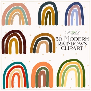 May include: Set of nine modern rainbow clipart illustrations in various colour combinations. Each rainbow has a unique colour scheme and a slightly different shape. The rainbows are on a white background with small gold dots.