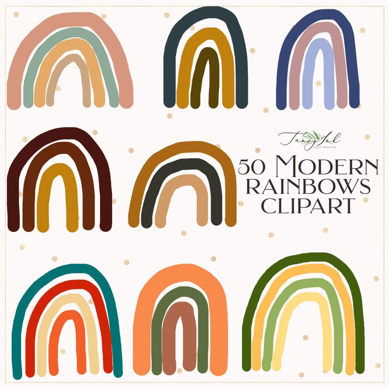 May include: Set of nine modern rainbow clipart illustrations in various colour combinations. Each rainbow has a unique colour scheme and a slightly different shape. The rainbows are on a white background with small gold dots.