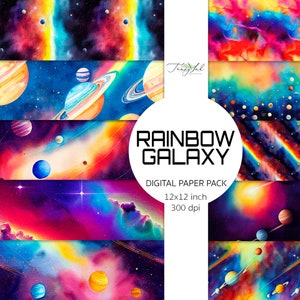 Puede incluir: Un paquete de papel digital con 8 diseños de galaxias coloridos que presentan planetas, estrellas y nebulosas. Los diseños son de 12x12 pulgadas y 300 dpi.