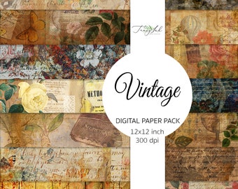Vintage digital paper, vintage flowers, scrapbooking paper, vintage backdrop, old paper texture, botanical ephemera, antique letters paper