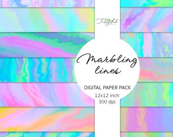 Marmorierte Linien digitales Papier, holografisches Marmorpapier, Scrapbookingpapier, Meerjungfrau, blaue Wirbel, Marmorierungsmuster, abstrakter Hintergrund,