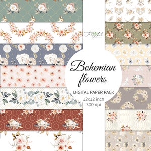 Bohemian flowers digital paper, seamless paper, watercolor flowers, pastel paper, flower brackground, scrapbooking paper, leaves paper, boho