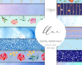 Blue digital paper, watercolor flowers, blue watercolor paper, rose gold pattern, blue glitter, baby blue paper, blue ombre, blue gradient