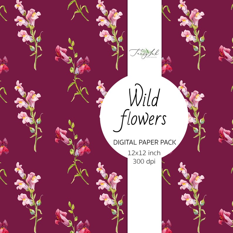 May include: A digital paper pack featuring a seamless pattern of pink and white snapdragon flowers on a burgundy background. The text "Wild flowers" is displayed in a white circle with the text "DIGITAL PAPER PACK 12x12 inch 300 dpi" below.