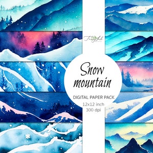 May include: Digital paper pack with 12 watercolor illustrations of snowy mountains in shades of blue, pink, and white. The pack is 12x12 inches and 300 dpi.