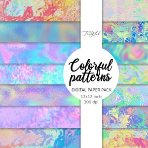 May include: A digital paper pack featuring 12 colourful patterns. The patterns are all different and include swirls, geometric shapes, and textures. The paper pack is 12x12 inches and 300 dpi.