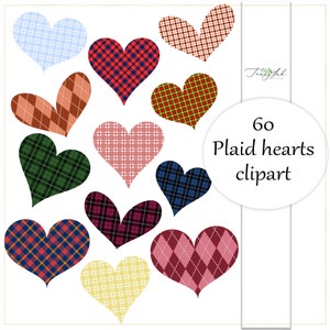 60 Plaid hearts clipart, hearts clip art, pastel plaid hearts, plaid wall art, PNG hearts, gingham clipart, lumberjack heart, buffalo plaid