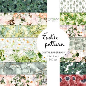 Exotische Muster digitales Papier, Blumenhintergrund, Blätter Papier, tropischen Tapete, Aquarell Blumen, Scrapbooking Papier, exotische Papier